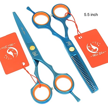 MEI SHA Набор ножниц в футляре р-р 5,5 (филировки+прямые), цвет:синий, оранжевые кольца